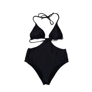 Aerie Swimsuit Womens Medium Ribbed Cut Out One Piece Black Cheeky Halter